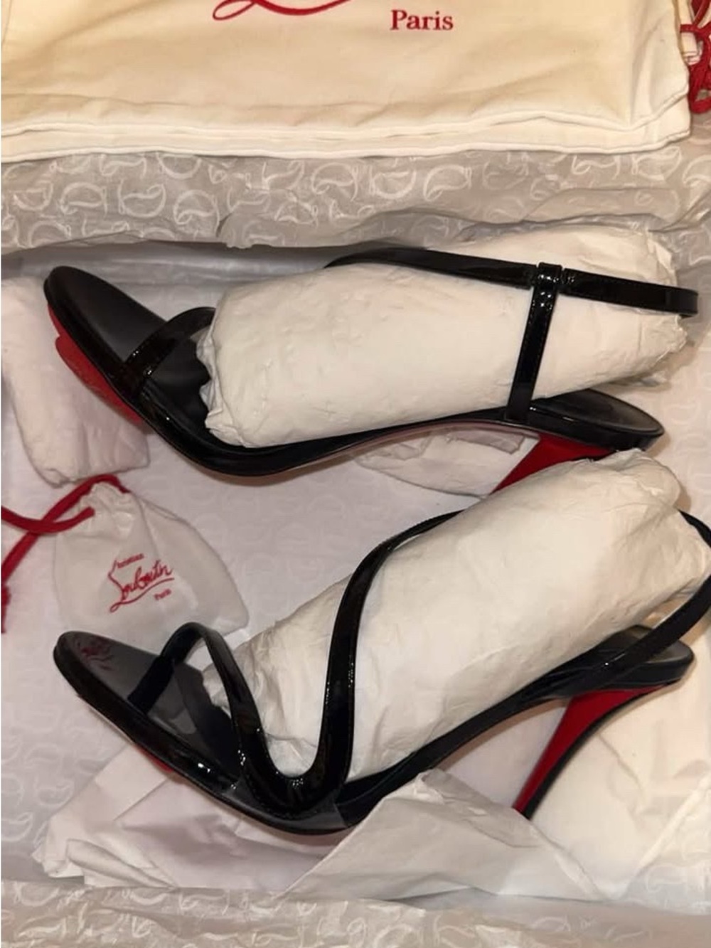 Christian Louboutin Black Patent Strappy Stiletto with Red Sole (Rosa Z)